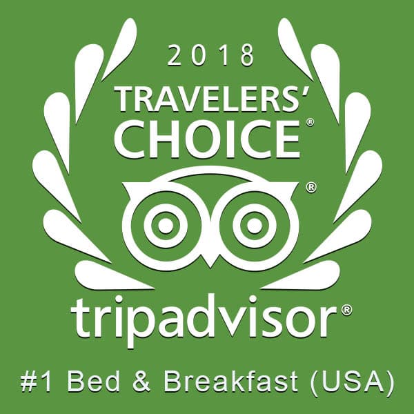 Logo for 2018 Travelers' Choice, awarded to the #1 Bed & Breakfast in the USA by TripAdvisor.