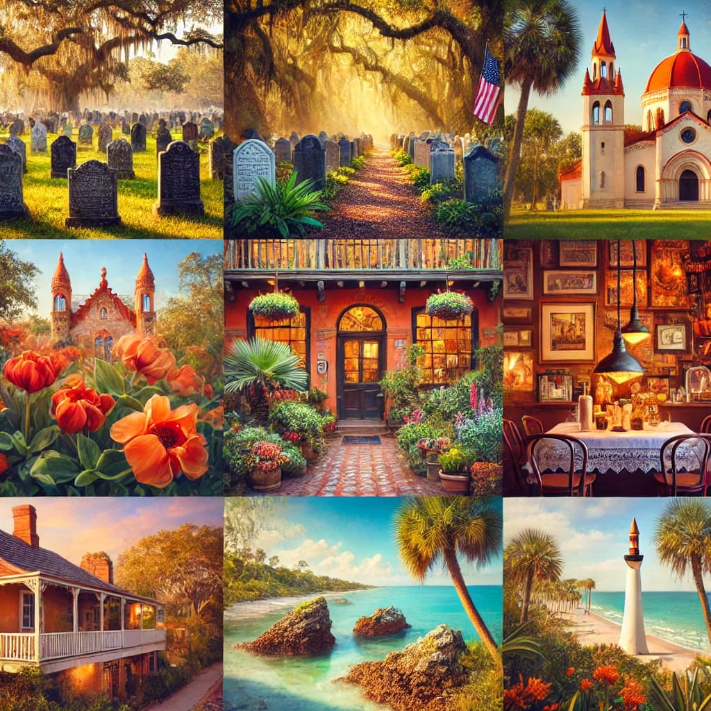 A collage featuring a cemetery, a church, vibrant flowers, an outdoor patio, a cozy dining area, and scenic coastal views.