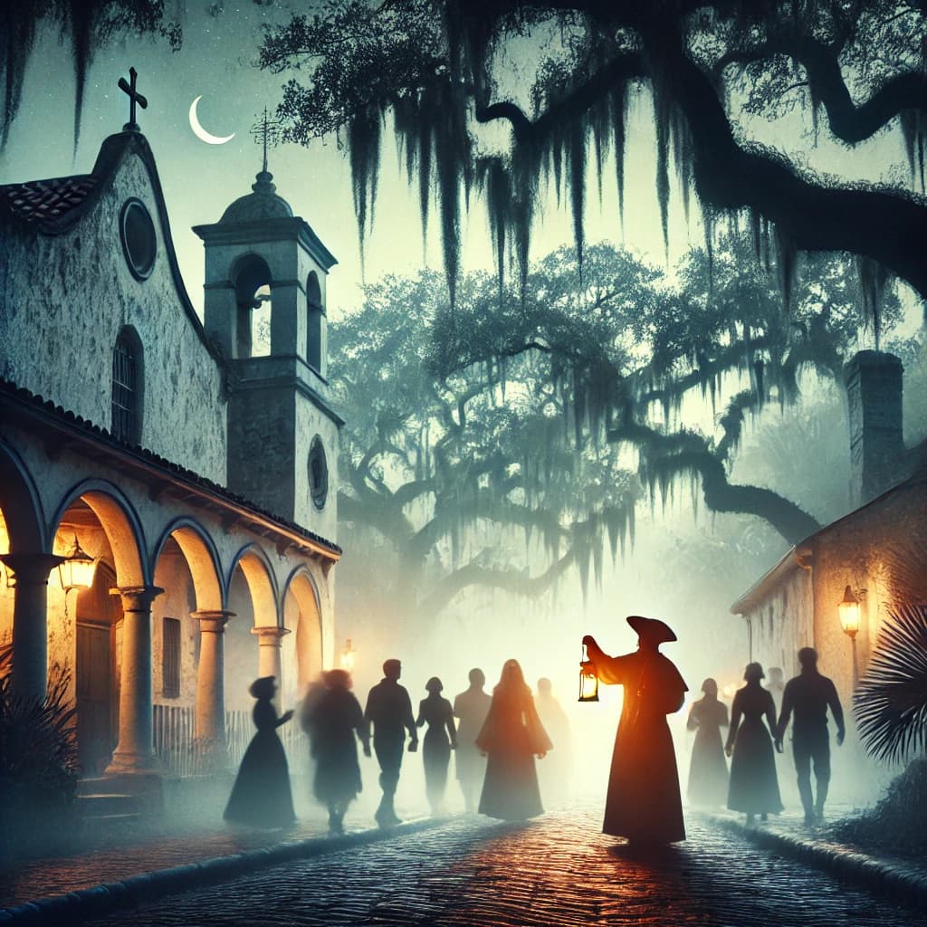 A shadowy group walks down a misty street, illuminated by lantern light near an old building and hanging moss.